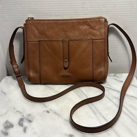 Fossil GEMMA Pebbled Leather Cognac Brown Crossbody‎ Bag Purse - Picture 1 of 12